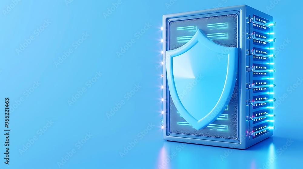 Poster secure server with blue shield symbolizing data protection and cybersecurity, on blue background wit