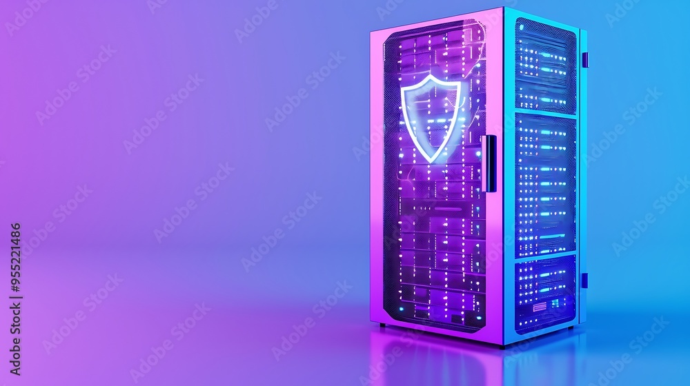 Poster secure server with digital defense shield, glowing in neon lights, representing cybersecurity and da