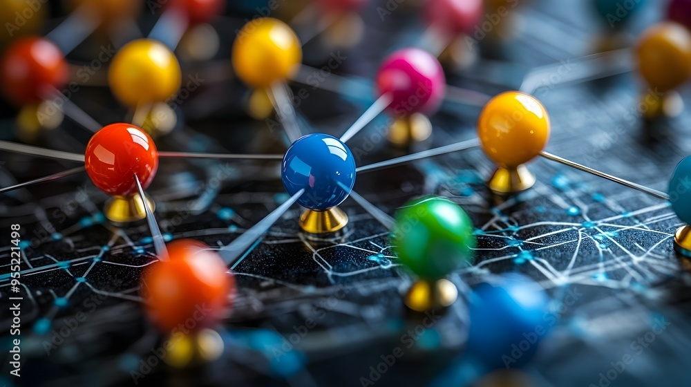 Poster interconnected digital network of spheres and wires creating a futuristic intelligence concept