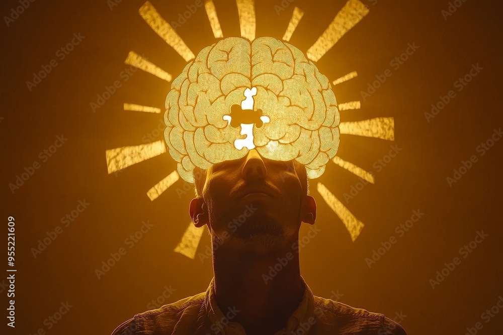Aufkleber social synchrony brain cell man with a glowing brain under a radiant halo representing enlightenment