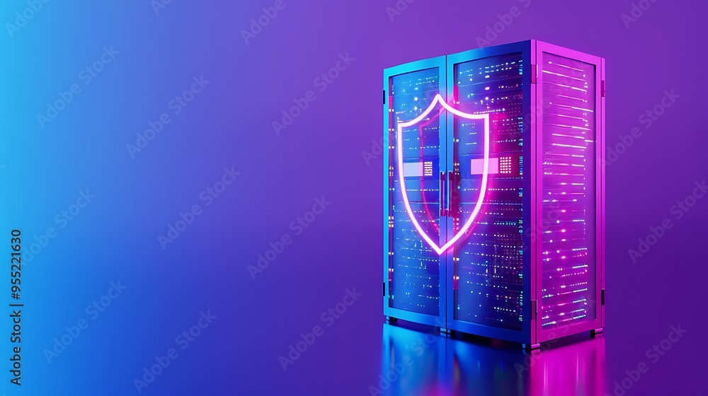 Poster secure server with glowing cybersecurity shield in neon light. concept of data protection and inform