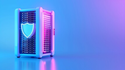 Secure server with glowing shield icon in futuristic purple and blue lighting indicates cybersecurity and data protection.