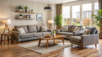 Comforting living room scene featuring a stylish furniture set amidst a peaceful atmosphere, with soft lighting and