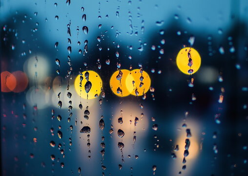 Raindrops on the window. Blue tone