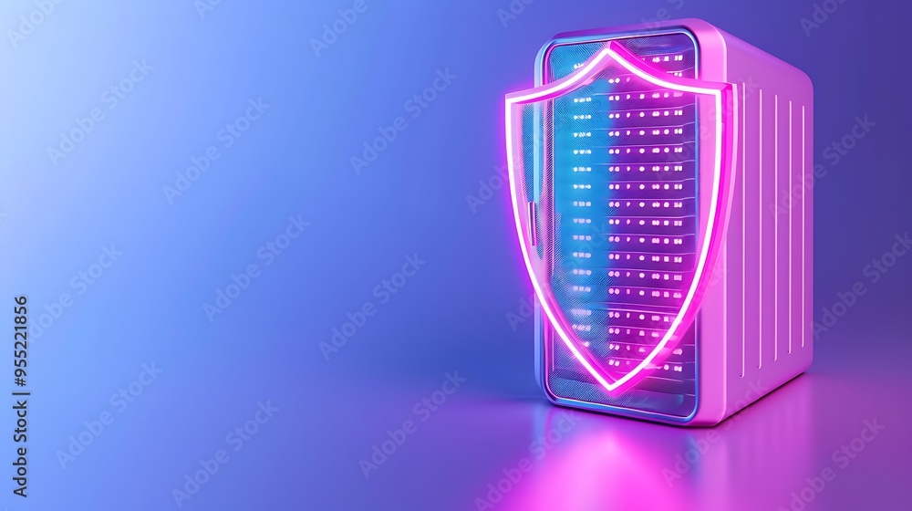 Poster secure server with neon shield symbolizing data protection and cyber security, set in a modern, vibr