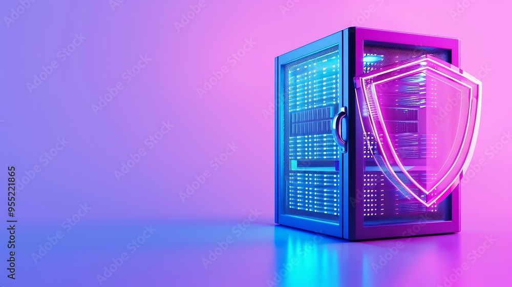 Poster secure server with neon shield, representing data protection and cybersecurity in a modern technolog