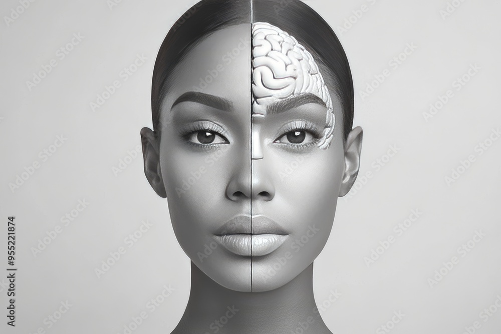 Poster cognitive connectivity brain cell monochrome portrait of a woman with half her brain exposed symboli