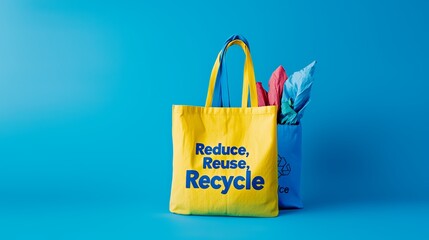 A cloth bag mockup featuring a vibrant earth-themed design with the slogan "Reduce, Reuse, Recycle" prominently displayed, emphasizing sustainable practices.