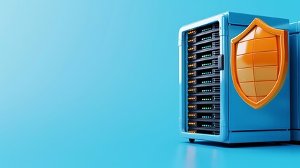 Secure server with shield on blue background. Concept of data protection, cybersecurity, cloud storage, and digital defense.