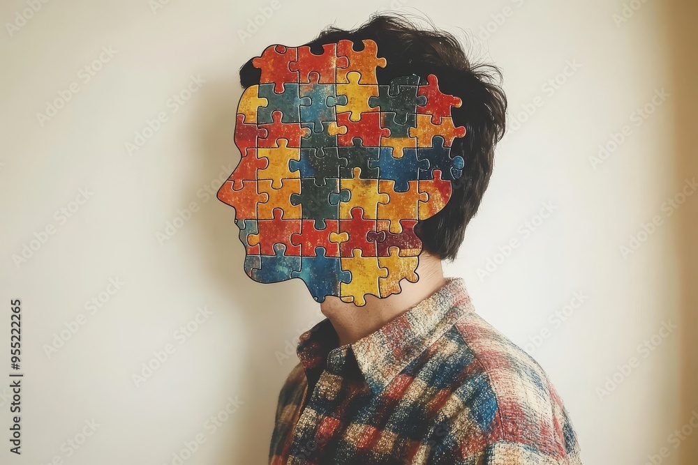 Poster empathic brain activity brain cell mans head composed of colorful puzzle pieces representing the com