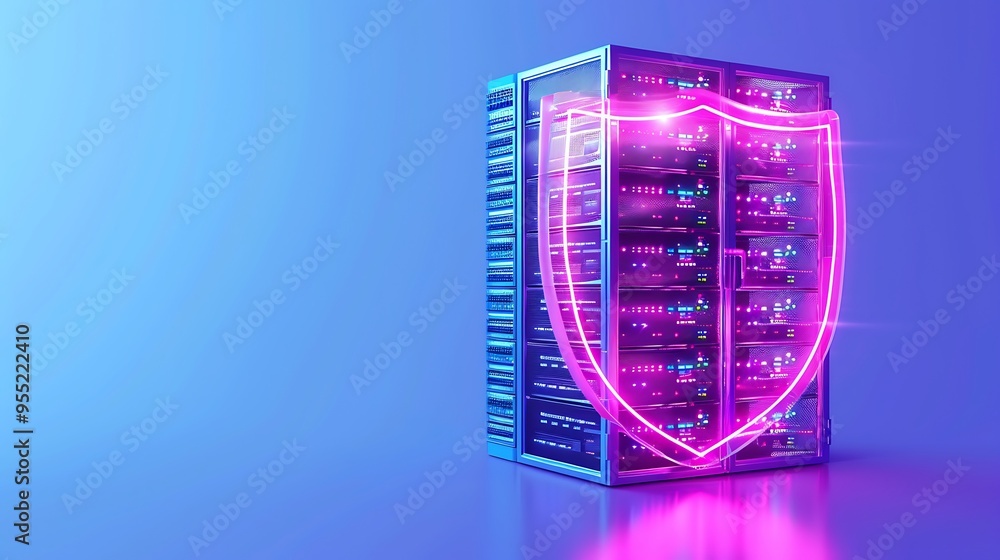 Aufkleber server rack protected by neon shield indicates data security and cybersecurity concept against a blu