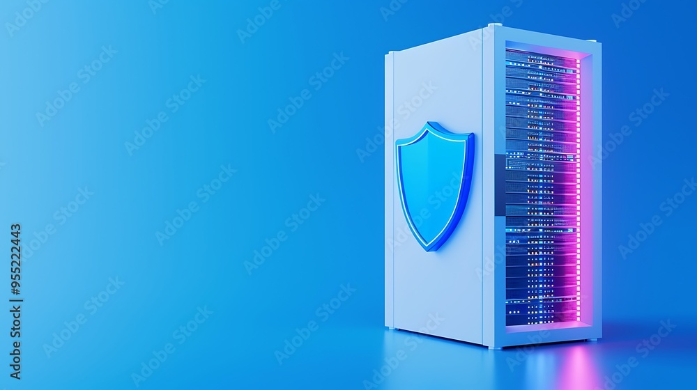 Poster server rack with a digital shield icon on a blue background, representing cybersecurity and data pro