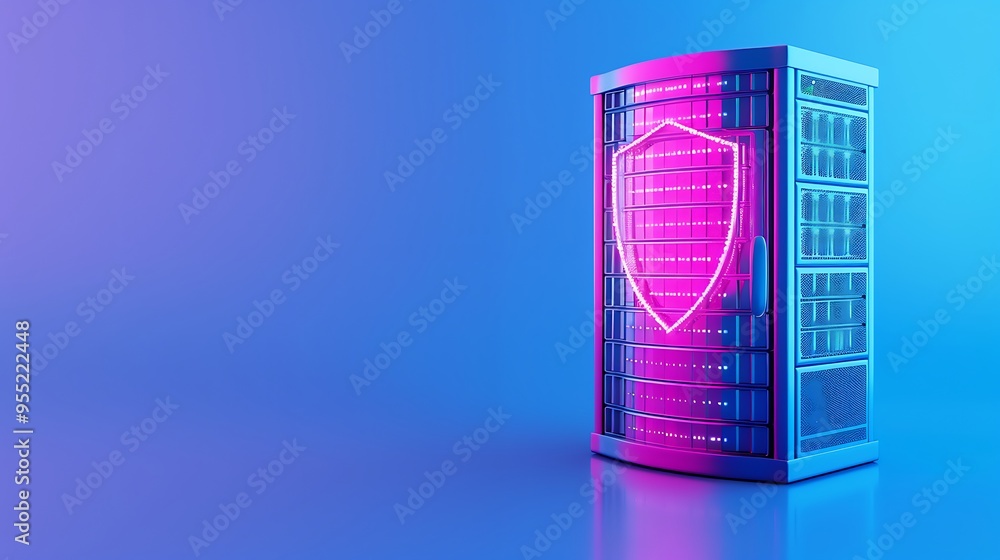 Poster server rack with a glowing pink shield symbol representing cybersecurity, data protection, and netwo