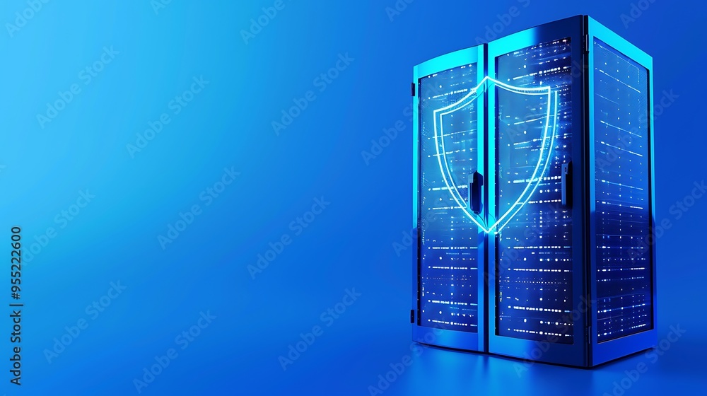 Poster server rack with digital shield icon, representing data protection and cybersecurity. blue backgroun