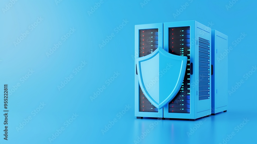 Poster Server rack with shield symbolizing data security and protection, isolated on blue background.