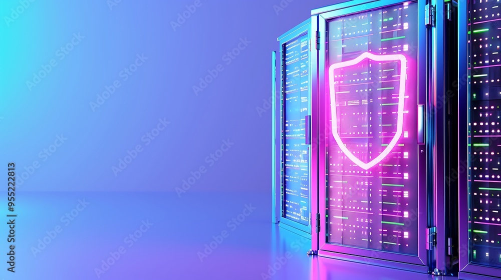 Poster server racks in a data center with a glowing pink shield, representing cyber security and data prote
