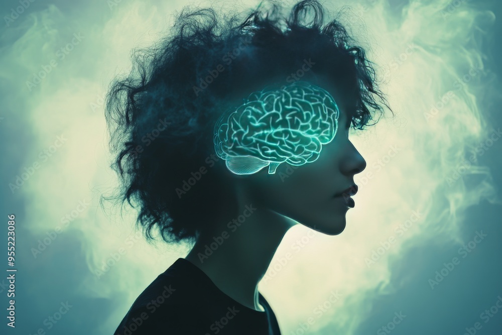 Poster neural entrainment brain cell womans head dissolving into puzzle pieces representing emotional fragm