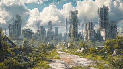 Naklejka premium Post-Apocalyptic Wasteland: Digital Painting of Abandoned Cities and Overgrown Vegetation