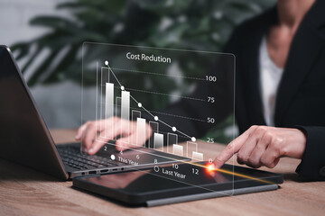 Cost reduction management concept, Business company cost analysis payment reduction, Businesswomen...