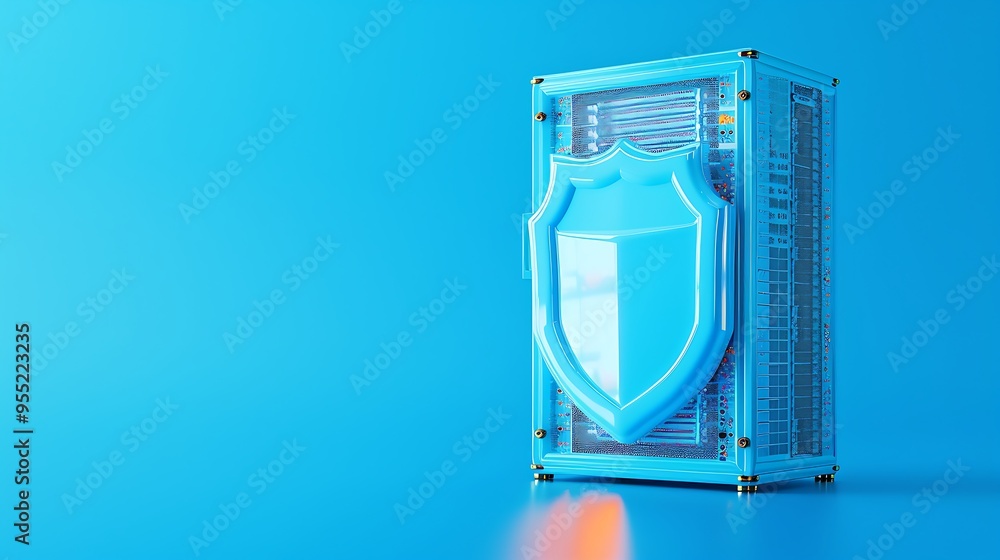 Poster server security concept with a digital shield protecting a data server in a blue background. virtual