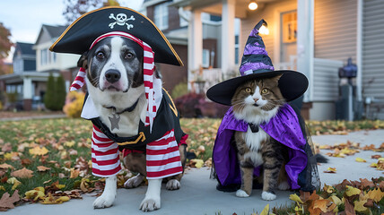 Adorable dog and cat in Halloween costumes, posing for a photo on a fall day. Perfect for greeting cards, social media, or marketing materials. 

