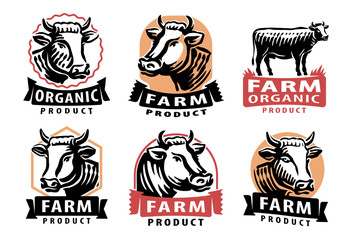 Cow, bull set of emblems or badges. Set of labels for a butcher shop or dairy farm, vector illustration