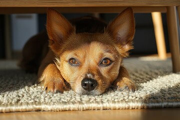 A Dog Peeking Out From Under A Table