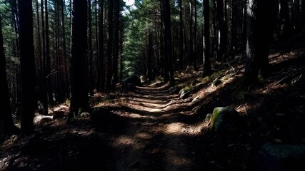 A serene forest path illuminated by sunlight, showcasing the calmness and beauty of nature in an immersive outdoor setting.
