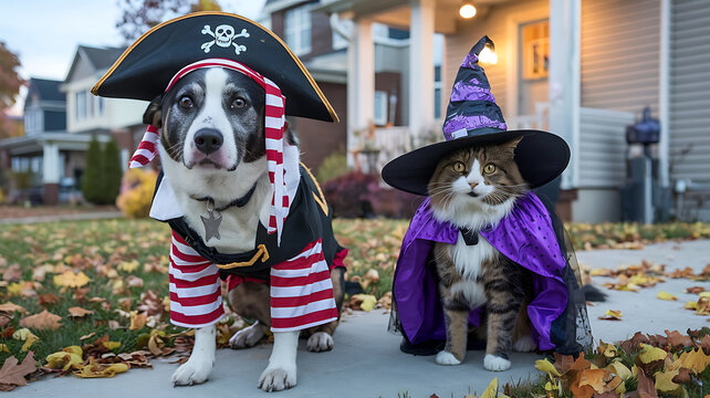 Adorable dog and cat in Halloween costumes, posing for a photo on a fall day. Perfect for greeting cards, social media, or marketing materials. 
