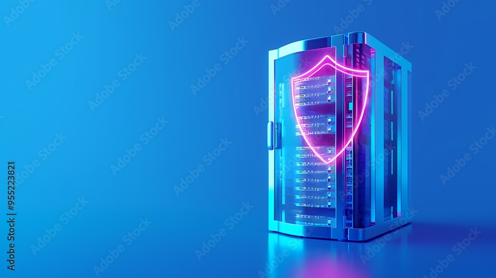 Poster server with neon shield icon representing cybersecurity and data protection in a blue futuristic bac