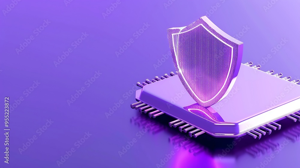 Poster shield and microchip representing cybersecurity and data protection on a purple background. concept 