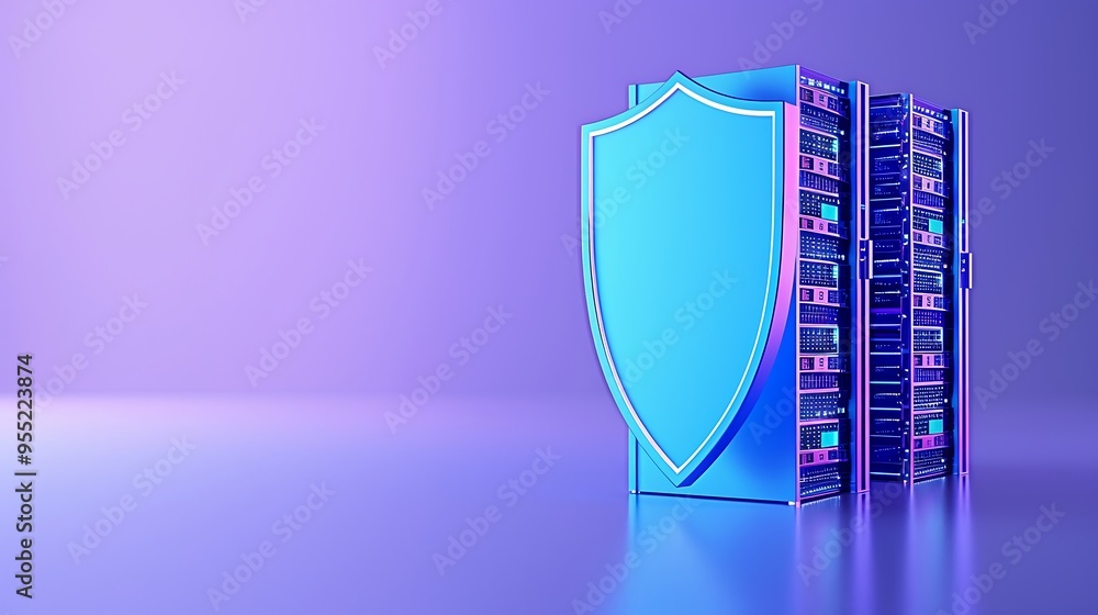 Poster shield and data server in blue and purple light, representing cybersecurity, data protection, and se