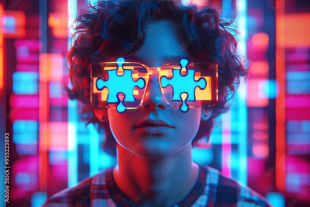 Poster socially cognition brain cell portrait of young man with colorful puzzle pieces overlaying his face 