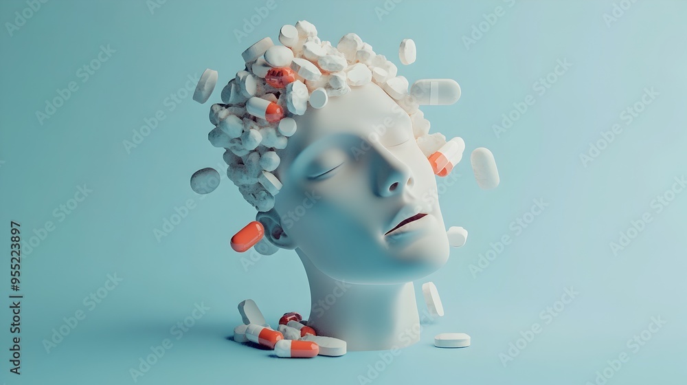 Poster surreal conceptual portrait with abstract mind visualization elements in futuristic digital 3d