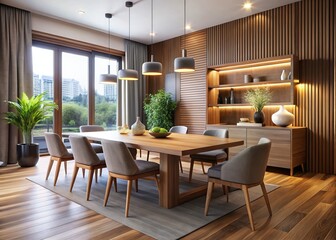 Fototapeta premium Contemporary wooden dining room features sleek furniture and modern lighting fixtures, creating a warm and inviting