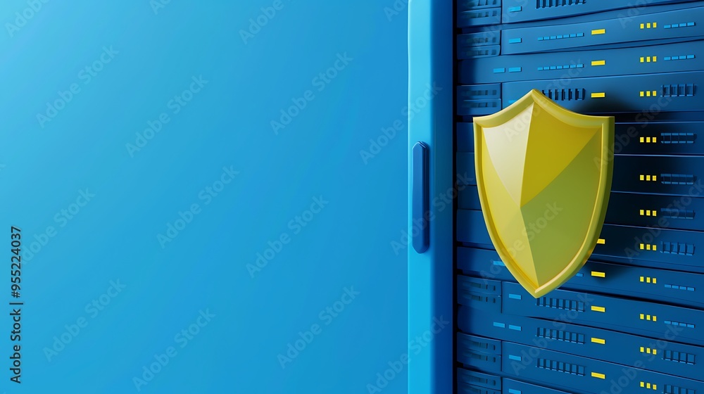 Poster shield protecting server in data center. concept of internet security, cybersecurity, and data prote
