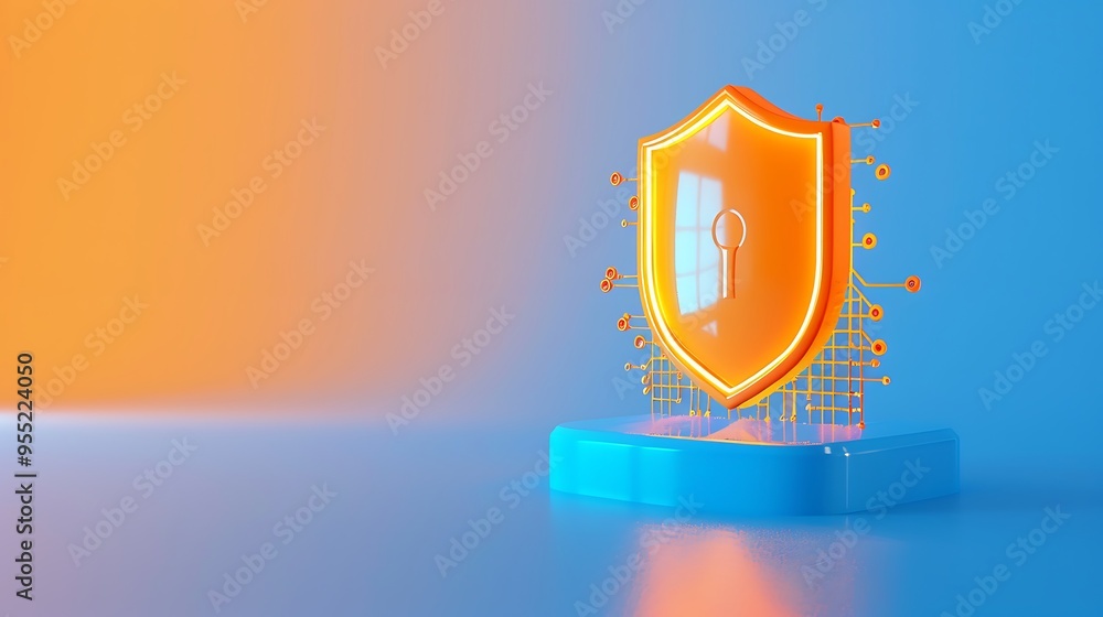 Poster shield security icon on digital platform, representing cybersecurity and data protection in a modern