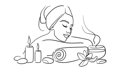 Girl enjoying spa salon isolated on white background. Relax line art drawing. Vector illustration	