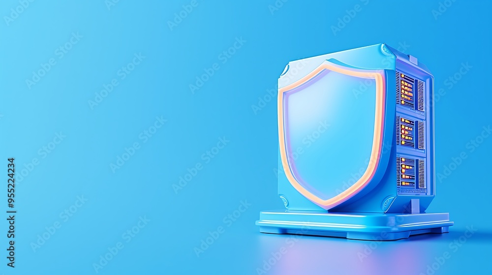 Poster shielded server in a blue background representing cybersecurity and data protection concept.