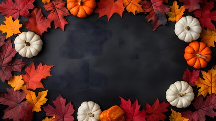 A black background with a frame of orange and white pumpkins and red leaves