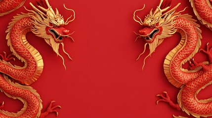 Fototapeta premium Two red dragons are on a red background