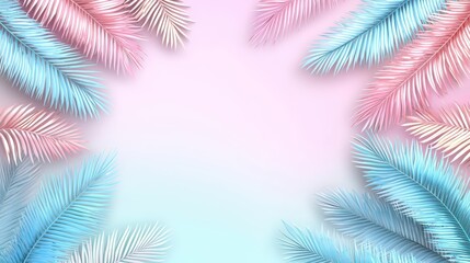 Dreamy Gradient Holographic Palm Leaves Background with Copy Space for Banner, Retro Vibes