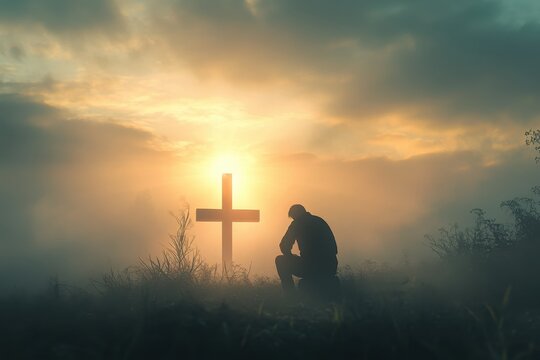 A person kneeling down in front of a cross with sunset over a foggy mountain, religious belief, traditional setting, professional shot