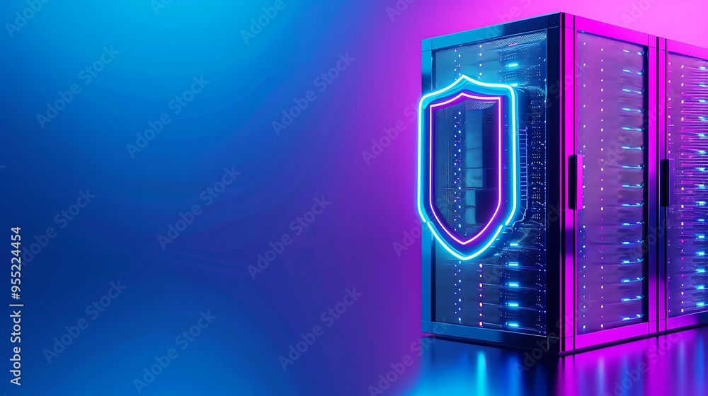 Poster technological data server with a glowing neon shield icon, representing cybersecurity and data prote