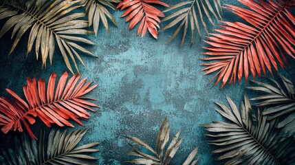 Soft holographic gradient palm leaves framing a retro background with subtle pastel tones and a clear empty space in the center for text or a banner