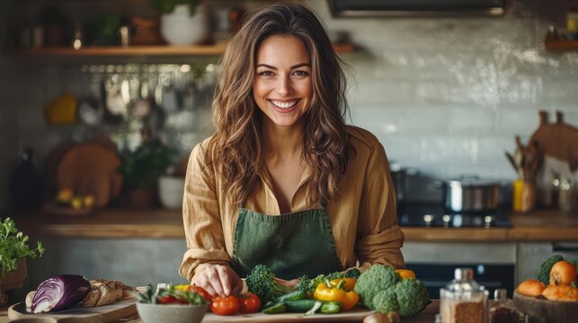 Smiling woman in apron preparing vegetables in kitchen.