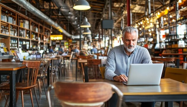 Professional man using a laptop to work from a coworking space, in Modern Co-working Space: AI-Generated Concept Illustrating Productivity, Collaboration, and Work-Life Balance. Ideal for Marketing Ca