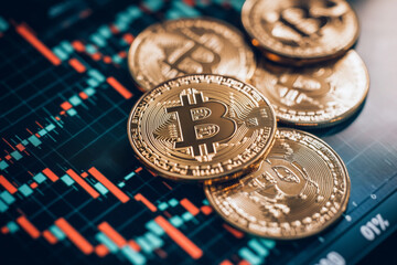 Bitcoin Cryptocurrency Coin on Trading Platform with Price Chart in Background, Highlighting Digital Currency, Blockchain Technology, and Financial Market Trends in the World of Decentralized Finance