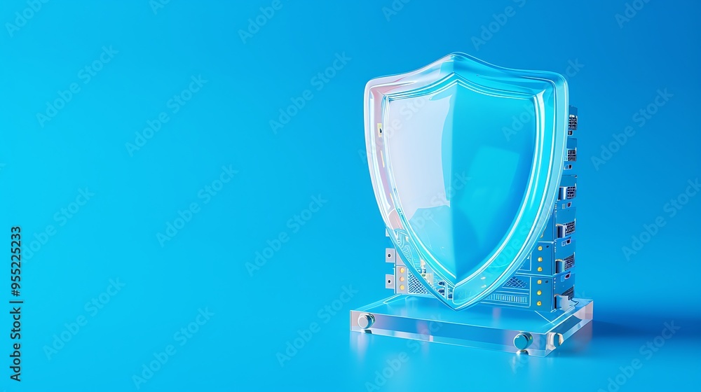 Poster transparent shield with computer components on a blue background symbolizing digital security and pr