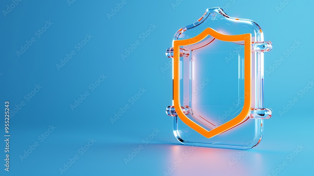 Poster transparent shield with orange border on blue background symbolizing protection and security. modern